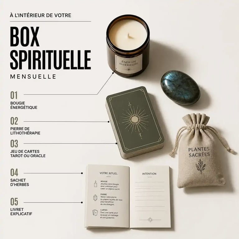 Contenu type d'une box spirituelle avec bougie, cristal, cartes et livret