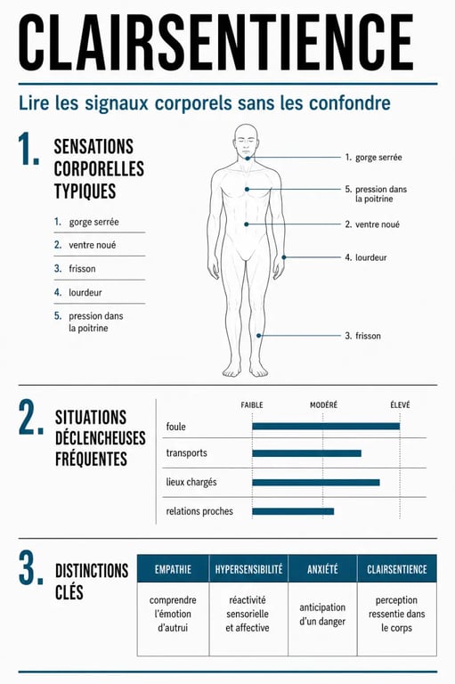 Clairsentience symptômes : schéma des sensations corporelles, des déclencheurs et des différences avec l’anxiété et l’empathie