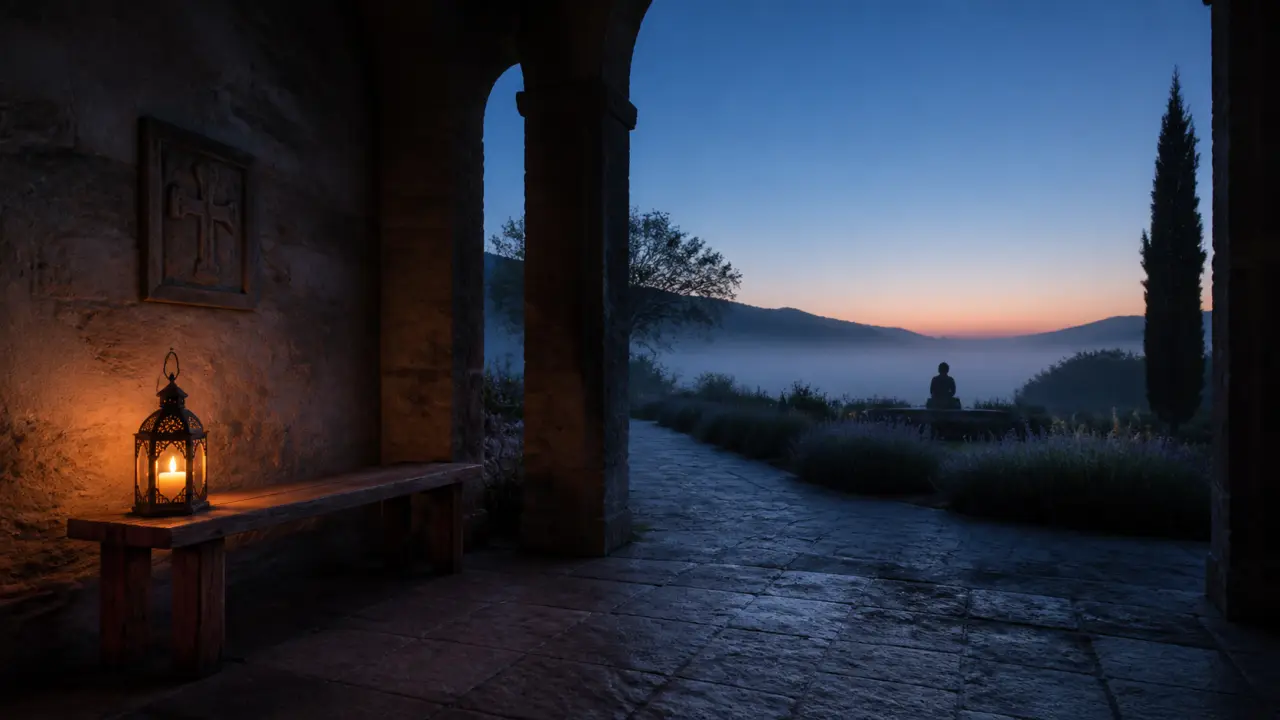 Paysage serein à l’aube avec une brume légère et une lumière dorée au loin