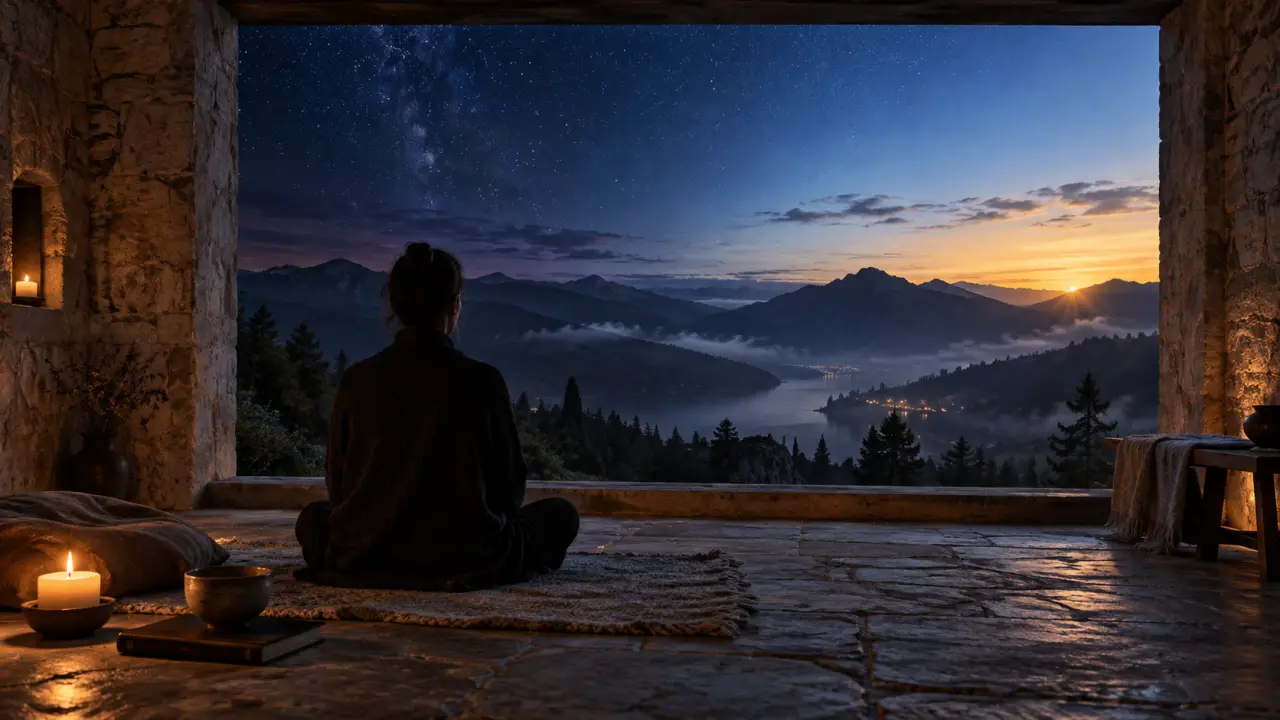Paysage brumeux à l'aube, symbole d'un chemin intérieur à travers les quatre veilles