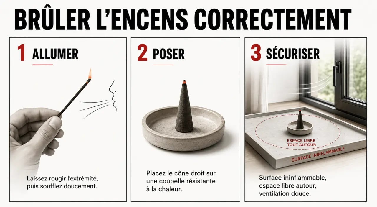 Bruler encens correctement avec un bâton, un cône et un support résistant à la chaleur