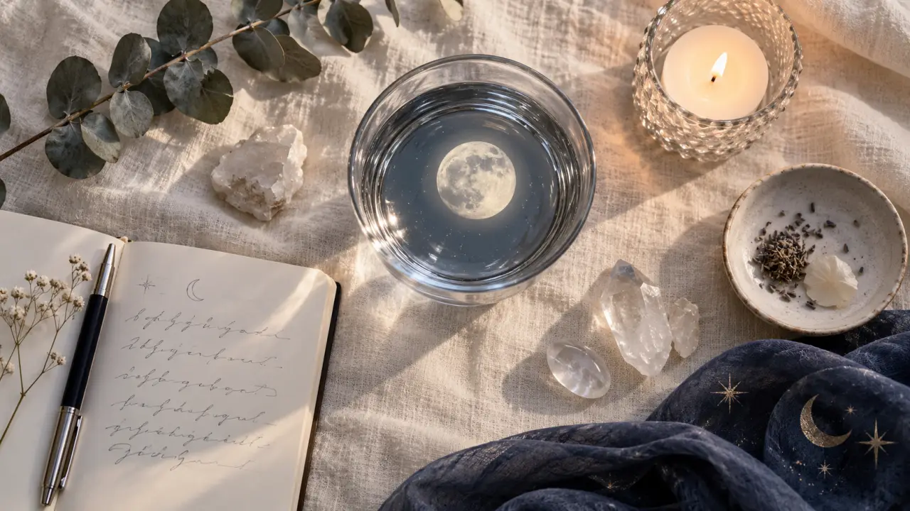 Le rituel de pleine lune avec un verre d’eau aide à poser une intention, sans garantie financière