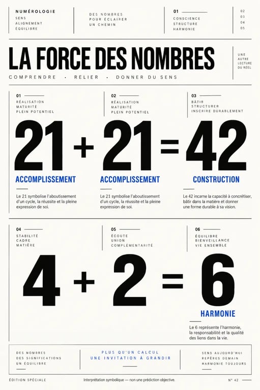 Infographie de la signification de 21h21 en numérologie, de 21 + 21 = 42 jusqu’à la vibration 6