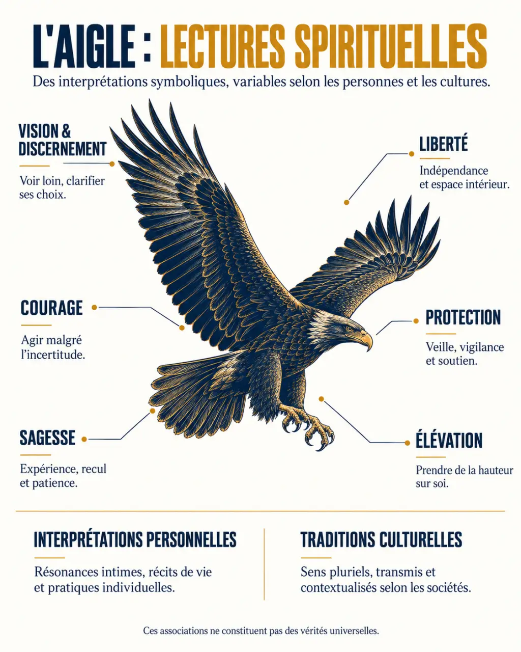 Infographie sur la signification spirituelle de l’aigle et ses symboles de vision, liberté, courage et élévation