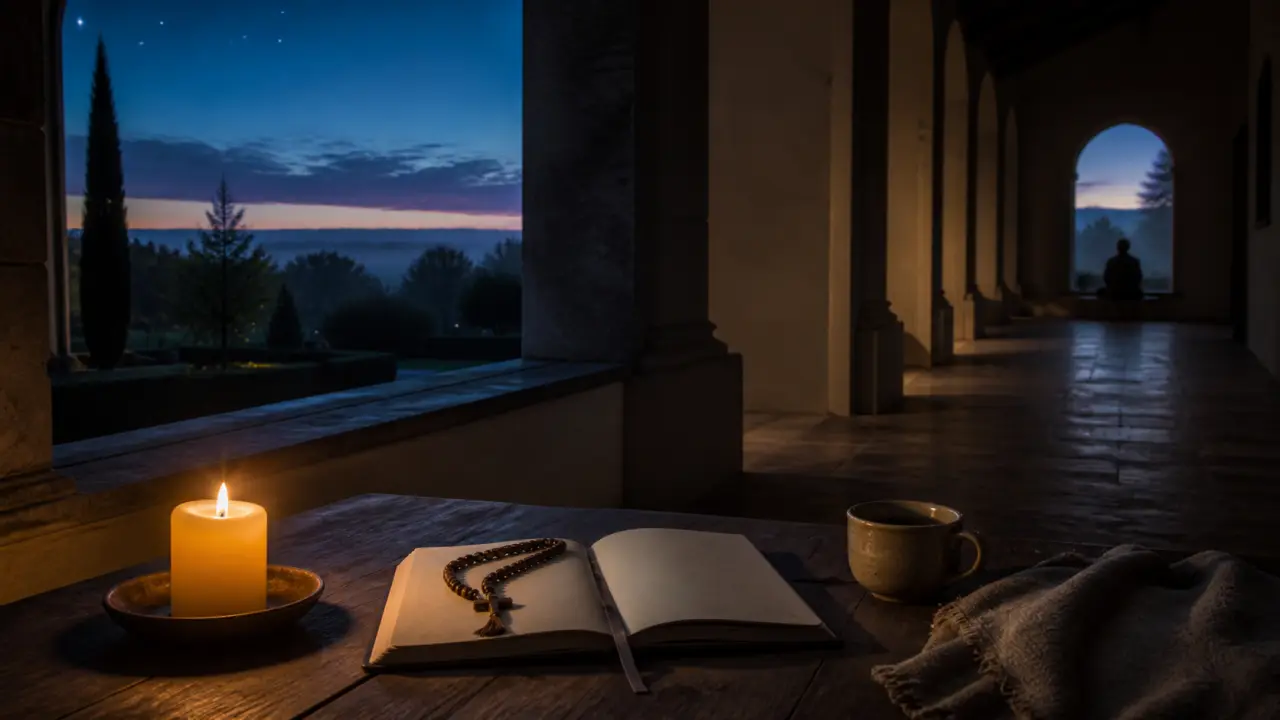 Paysage serein à l'aube, brume sur les collines et lumière chaude au loin