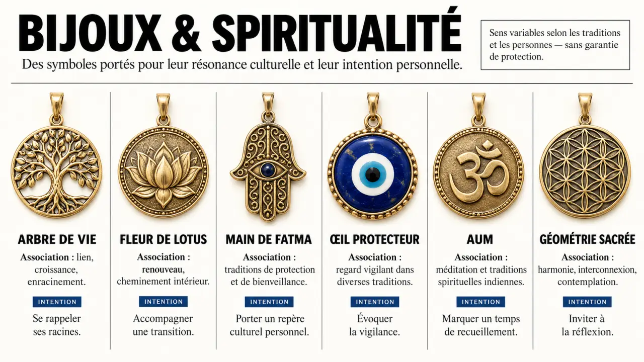 Infographie sur les bijoux spiritualité et les significations symboliques de plusieurs motifs