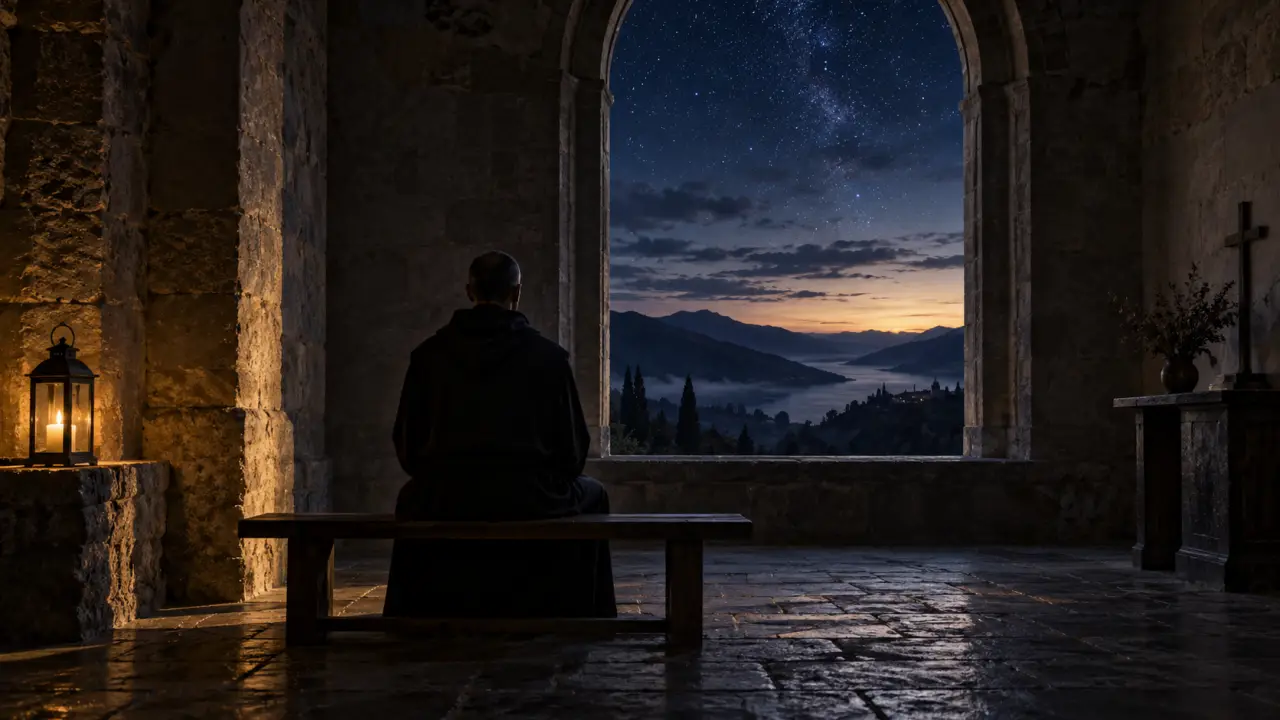 Paysage brumeux à l’aube, évocation d’une nuit de méditation et de contemplation