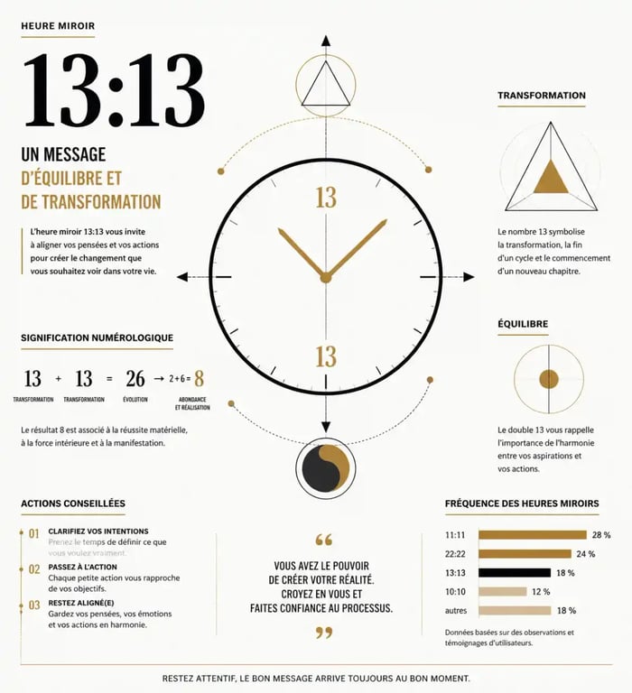 Signification spirituelle de l'heure miroir 13h13 et symbolisme numérologique