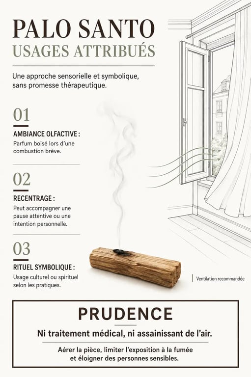 Infographie sur les bienfaits du Palo Santo, ses usages rituels et ses limites