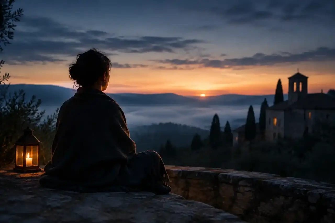 Paysage paisible à l'aube évoquant une retraite silencieuse et contemplative