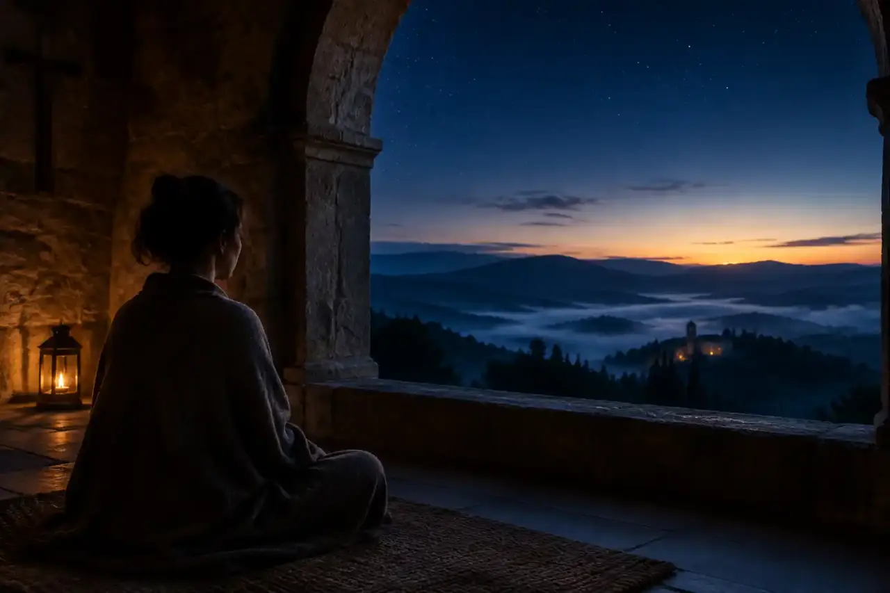 Paysage paisible dans la brume avant l'aube, évocation d'une méditation nocturne