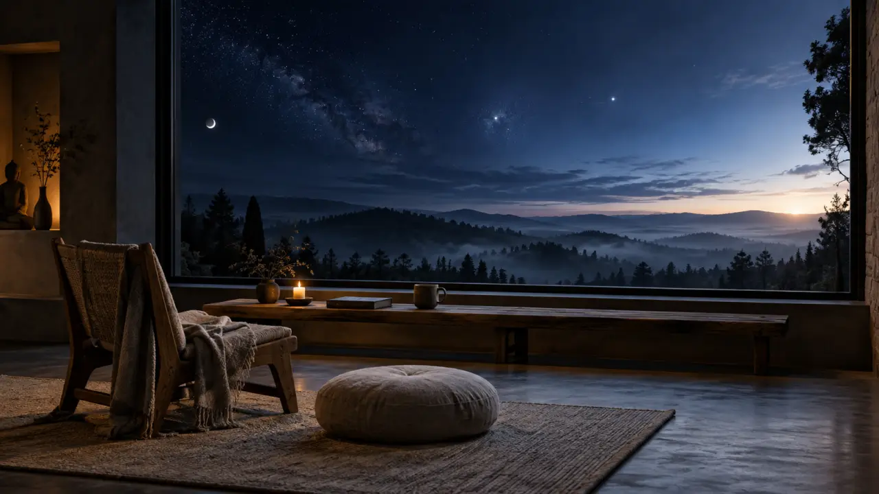 Paysage paisible à l'aube, enveloppé de brume, évoquant le silence et l'éveil intérieur