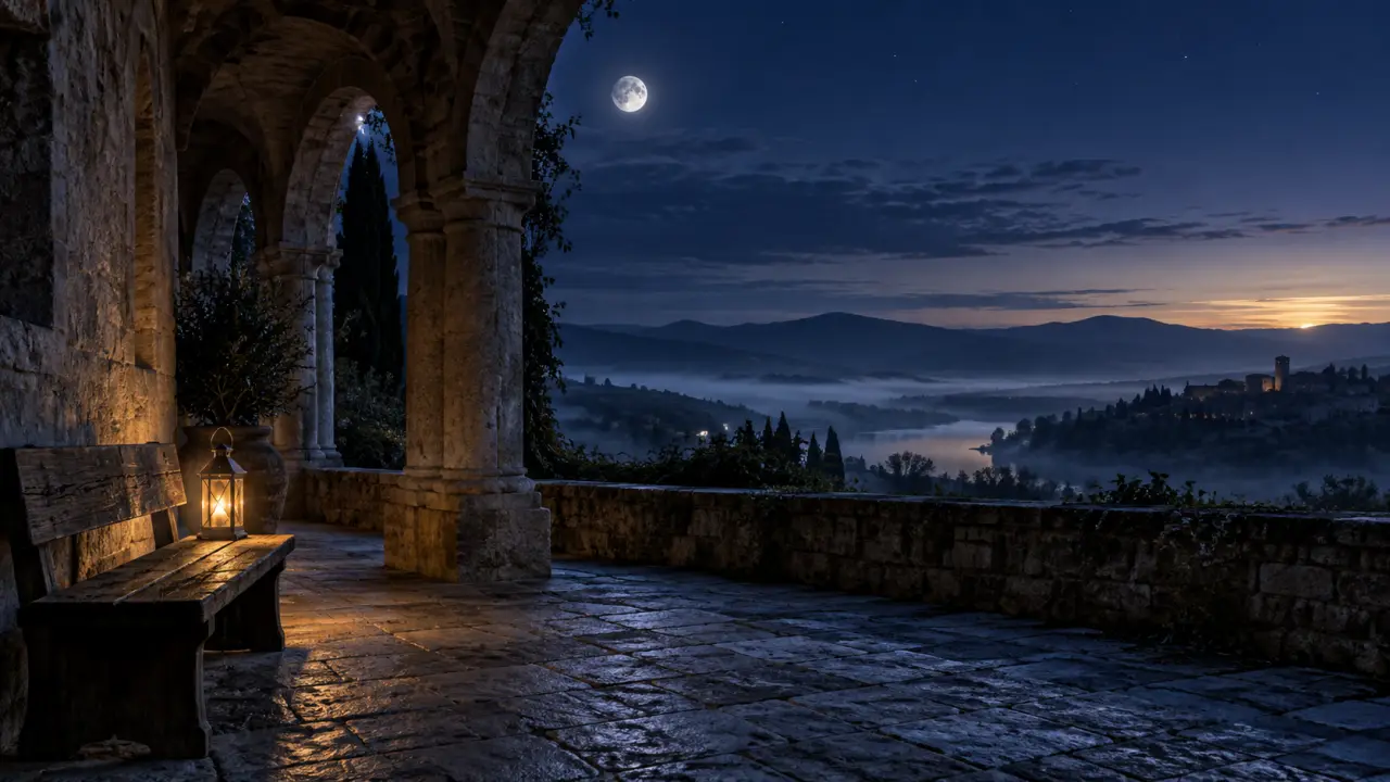 Paysage calme à l'aube, dans la brume, évoquant les quatre veilles nocturnes