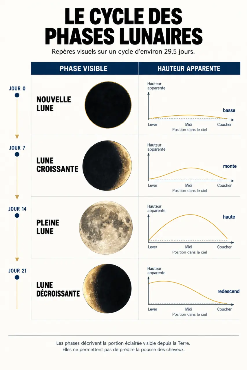 Calendrier coupe cheveux lune avec les quatre phases lunaires et leurs associations traditionnelles
