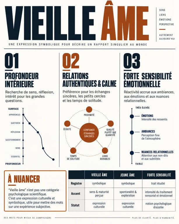Infographie sur les caractéristiques d’une vieille âme, sa quête de sens et sa sensibilité émotionnelle