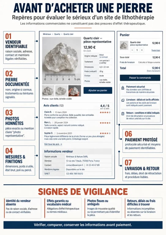 Infographie pour reconnaître un site de lithothérapie sérieux avant l’achat de pierres naturelles