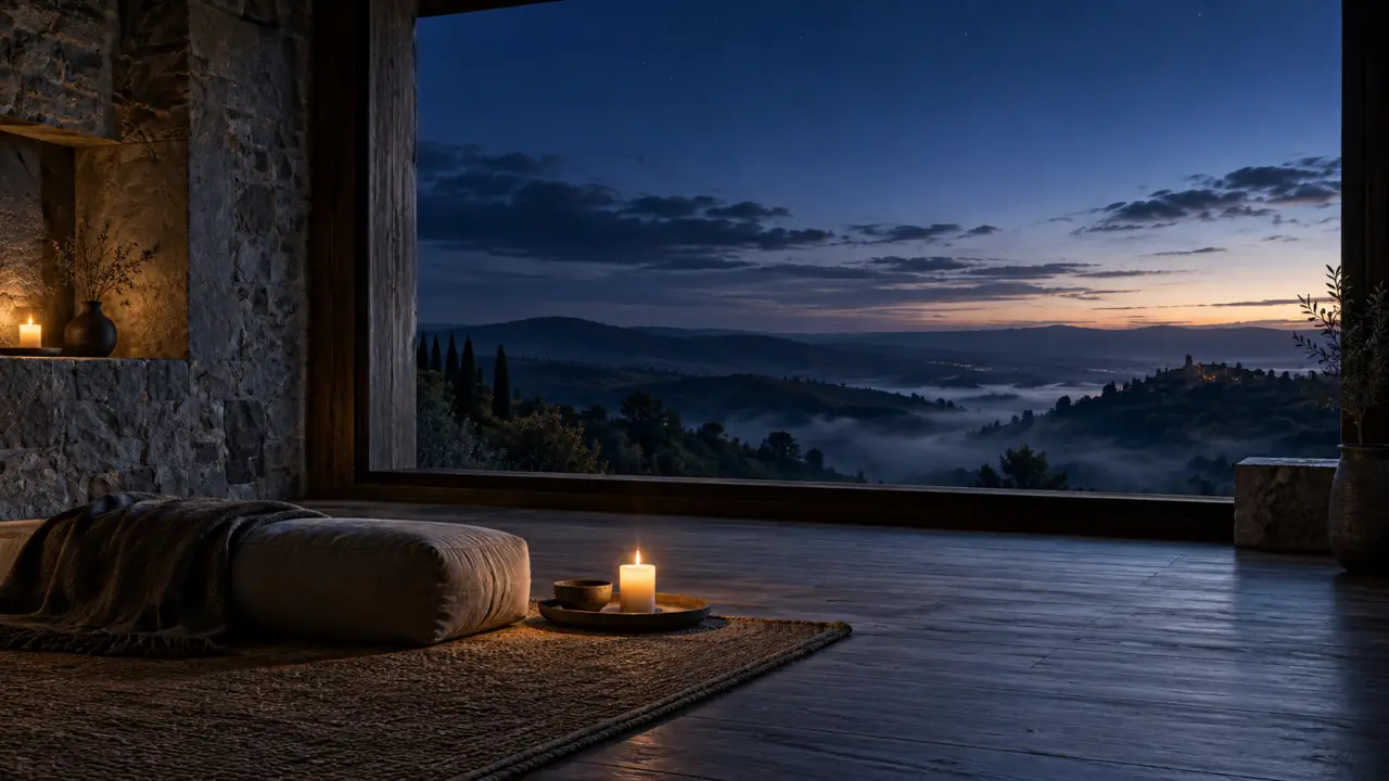 Un paysage mystérieux et calme à l'aube, évoquant la méditation nocturne