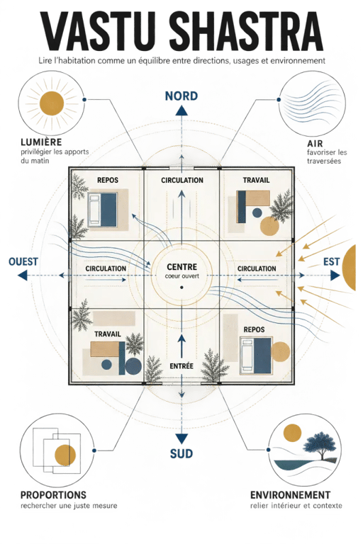 Infographie du Vastu Shastra avec orientation, mandala et organisation des espaces d’un habitat