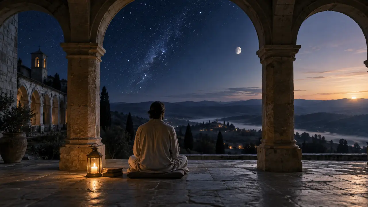 Paysage brumeux à l'aube évoquant le calme intérieur et l'éveil spirituel