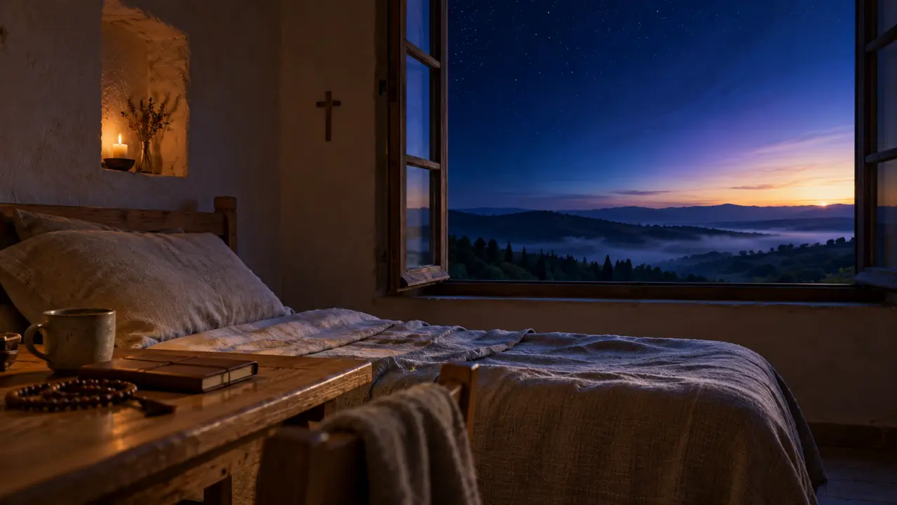 Paysage brumeux à l'aube évoquant une retraite spirituelle silencieuse