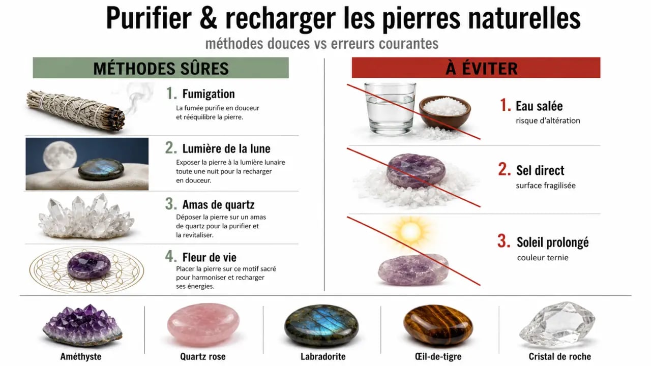 Tableau purification et rechargement des pierres naturelles avec méthodes sûres et erreurs à éviter