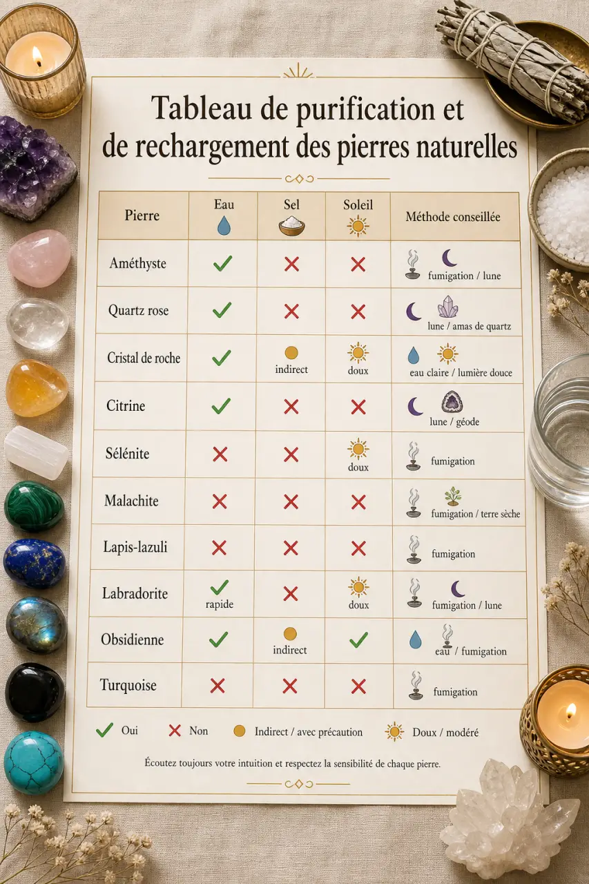 Tableau de purification et de rechargement des pierres naturelles : eau, sel et soleil sans erreur