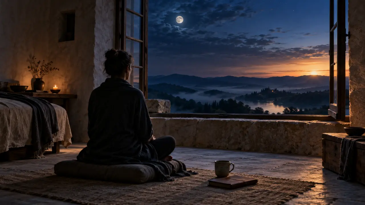 Paysage brumeux à l'aube, évocation d'un chemin intérieur et contemplatif