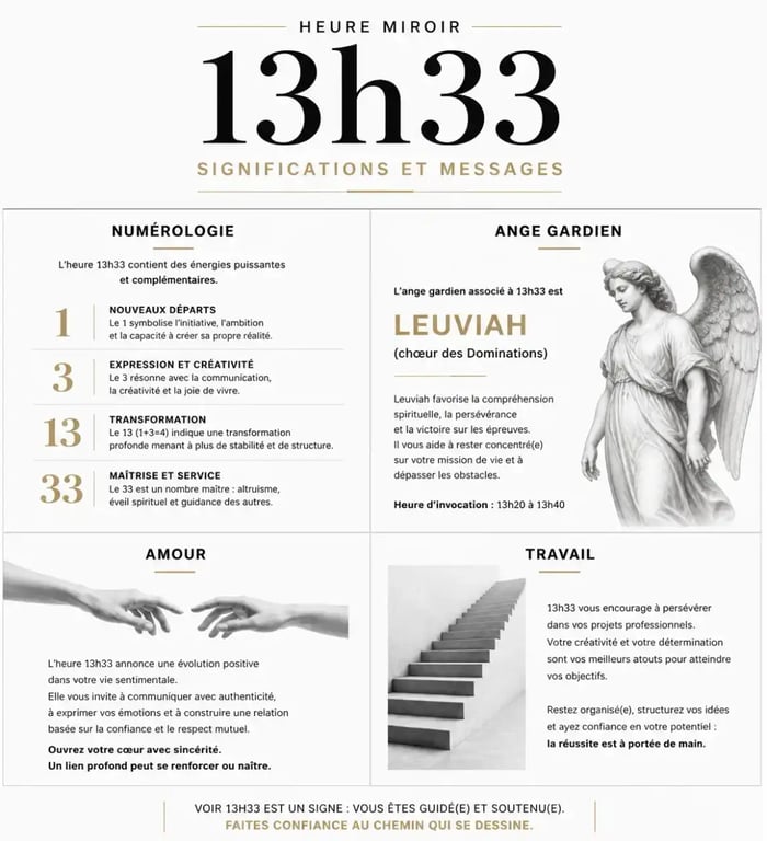 Signification de l'heure miroir 13h33 : synthèse des interprétations en numérologie, amour et travail