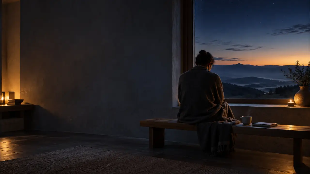 Paysage brumeux à l'aube, symbole d'une pratique contemplative apaisée