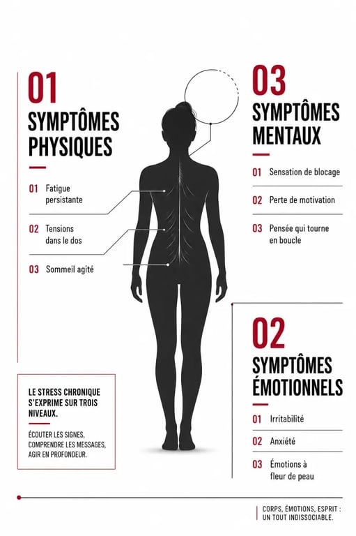 Blocage énergétique symptômes : schéma des signes physiques, émotionnels et mentaux autour d’une silhouette humaine