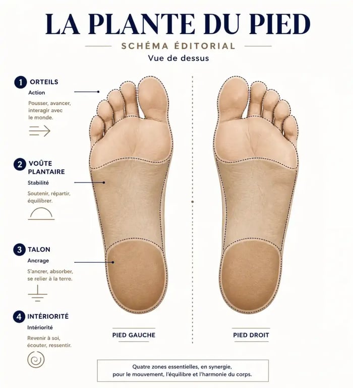 plante des pieds signification spirituelle : schéma des zones du pied et de leurs sens symboliques